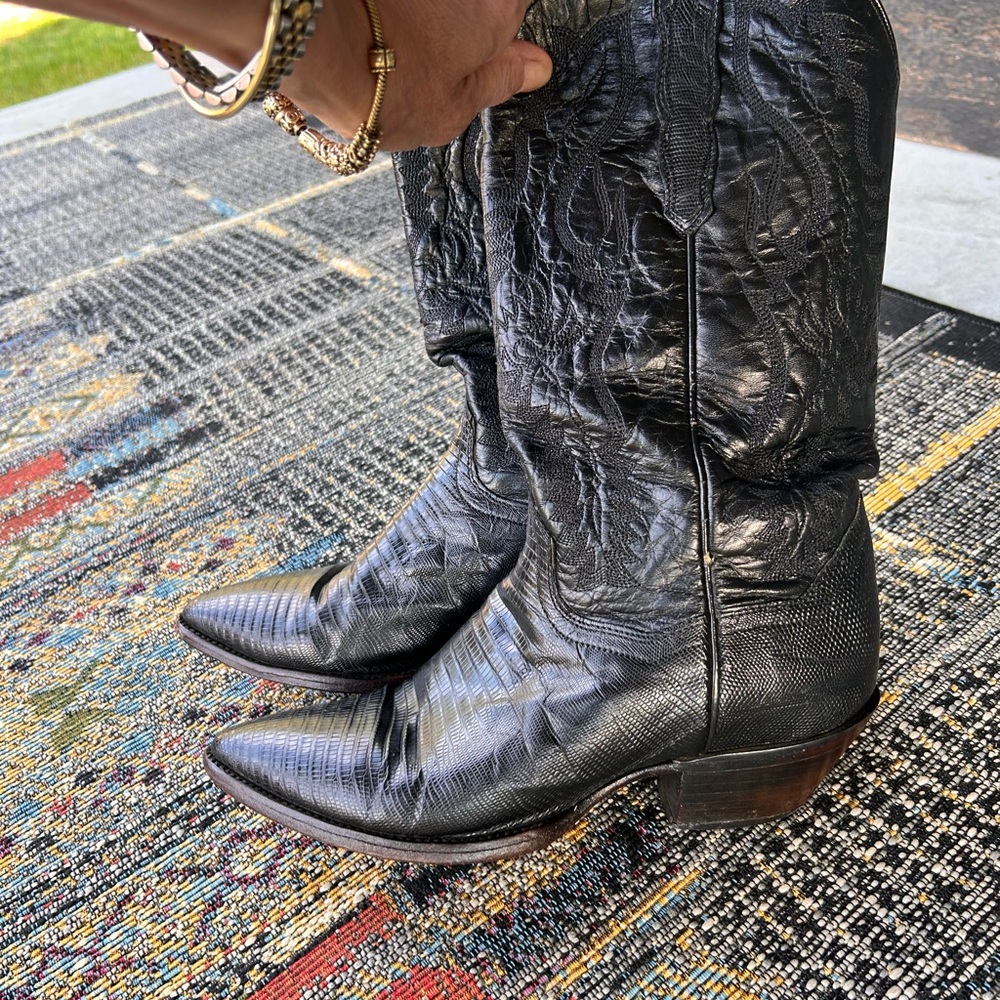 🍀Dan Post Black Teju lizard Leather Cowboy Boots